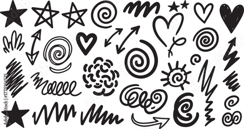 A collection of hand-drawn, doodle elements in black ink on a white background.