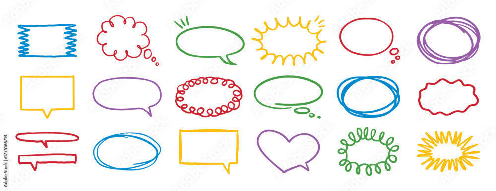 Obraz premium Colorful outline speech bubble set. pencil message form or clouds. Grunge style line frames.
