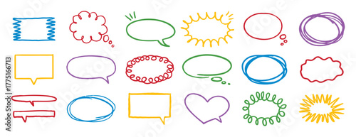 Colorful outline speech bubble set. pencil message form or clouds. Grunge style line frames.