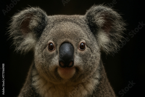 A detailed, close-up portrait of a koala's face against a solid black background