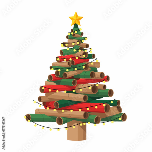 Cartoon vector quirky christmas tree made from paper tubes design