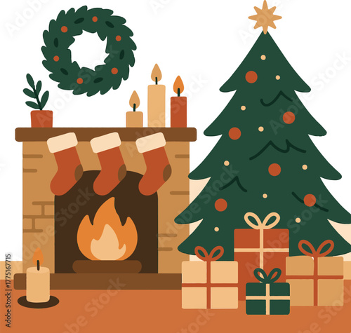 Warm Christmas fireplace interior with tree, socks, gifts, cozy vector
