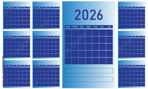 Year 2026 annual calendar template in shades of blue with blank month grids and week days for comprehensive planning and essential scheduling events