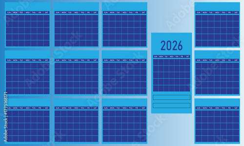 Year 2026 annual calendar template in shades of blue with blank month grids and week days for comprehensive planning and essential scheduling events