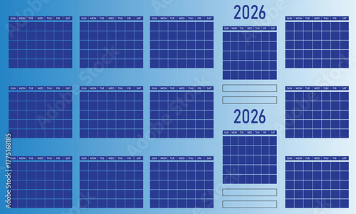 Year 2026 annual calendar template in shades of blue with blank month grids and week days for comprehensive planning and essential scheduling events