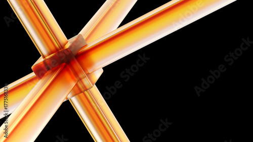 3D render of an abstract orange glass structure. Futuristic graphic for technology, energy, or science. Dark, high-contrast background with copy space
