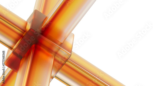 3D render of an abstract orange glass structure. Clean graphic for science, healthcare, or technology. Minimalist light background with copy space.