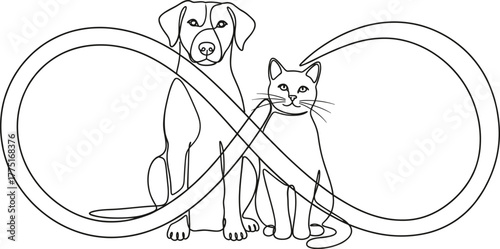 Dog and cat with infinity symbol illustration—eternal bond between pets, minimalist black-and-white line art vector for love and companionship