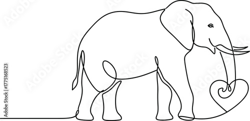Elephant illustration—minimalist continuous line drawing with heart-shaped trunk, expressive wildlife theme, black-and-white vector artwork for creative use