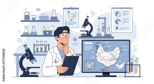 Illustration of a scientist analyzing poultry data in a laboratory setting