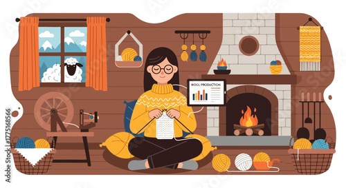 A cozy scene of a woman knitting by the fire in a rustic cabin with a sheep