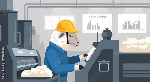 Illustration of sheep worker in textile factory improving production and sales