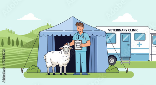 Mobile veterinary clinic serving rural communities with on site sheep examination