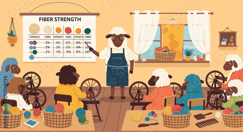 Animated sheep in wool processing class learning about fiber strength and spinning wheels