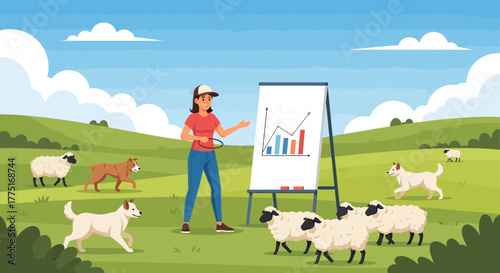 Agricultural entrepreneur presenting growth chart to her sheep and dogs audience