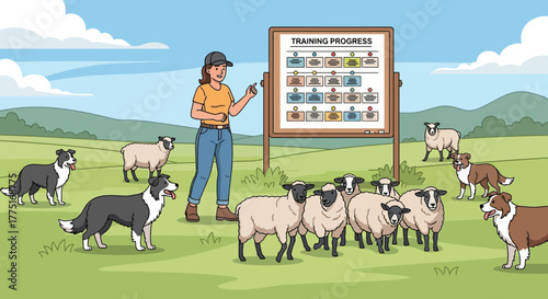Illustrated scene showing woman training sheepdogs and managing herd with progress board