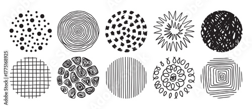 abstract circles for social media with pattern set. Modern round elements for stories. Doodle with stamp texture, curves, and wavy lines.