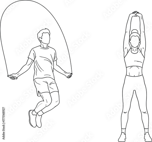Fitness activity illustration—jump rope and overhead stretch poses, athletic wear, cardio and flexibility theme, minimalist black-and-white line art vector