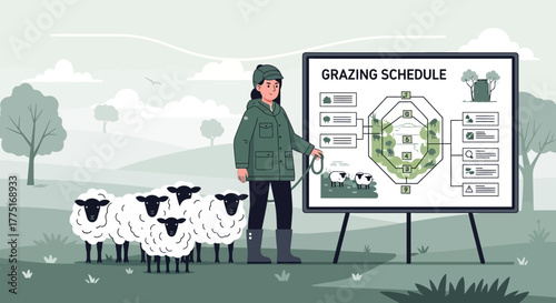 Shepherd explaining optimized rotational grazing schedule for better land management