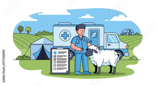 Veterinarian conducting a medical checkup on a sheep in a countryside farm