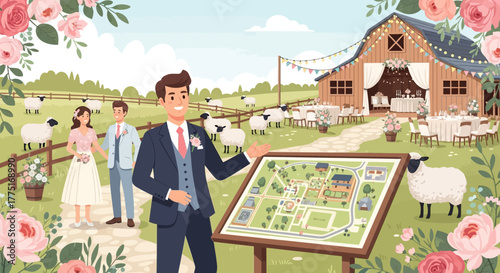 Charming countryside wedding venue illustration with rustic barn and outdoor celebration