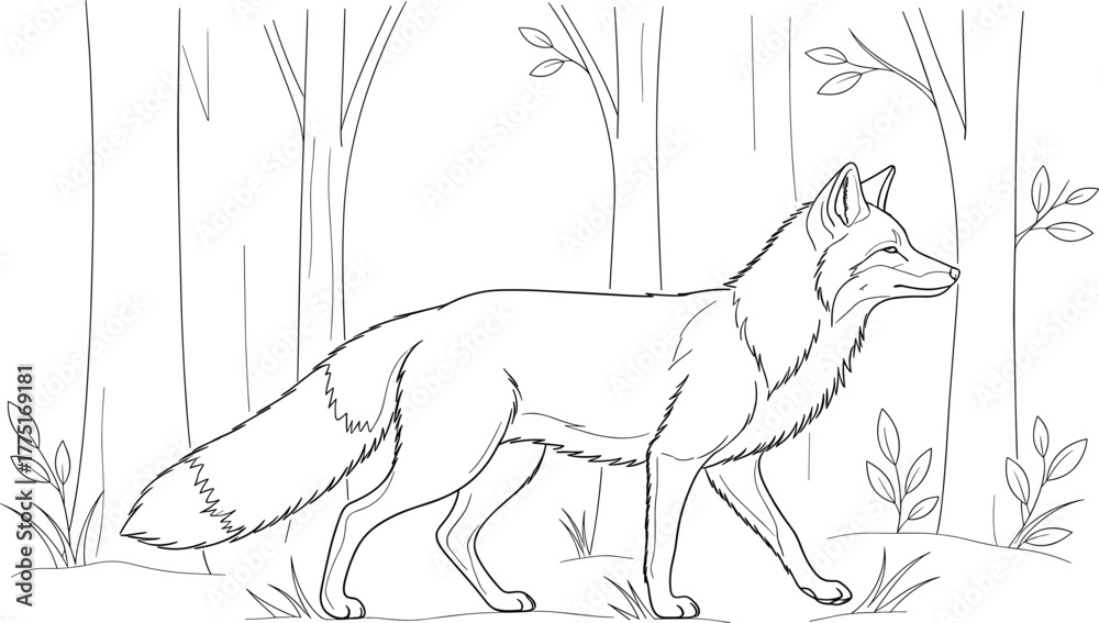 Obraz premium Fox in forest illustration—walking fox with bushy tail among trees and plants, serene wildlife scene, black-and-white line art vector