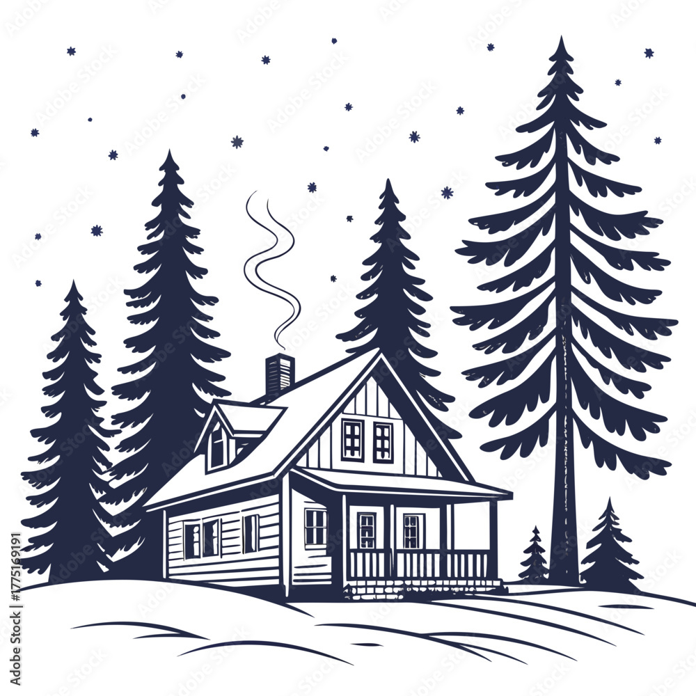 Obraz premium Winter cabin in the woods with snow falling