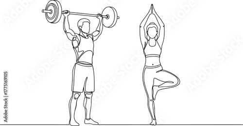 Fitness contrast illustration—two individuals practicing weightlifting and yoga tree pose, minimalist black-and-white continuous line art vector