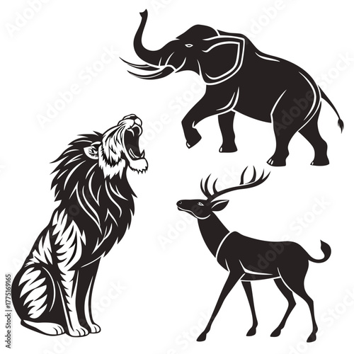 Silhouette of a roaring lion, an elephant, and a deer