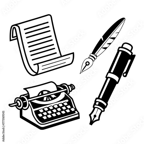 Paper scroll, fountain pen, and typewriter