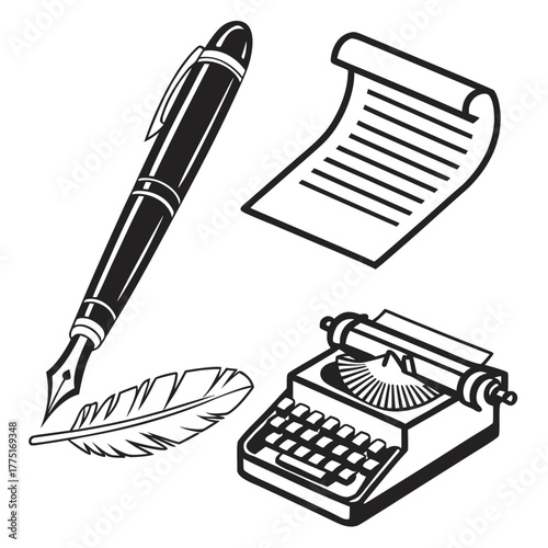 Fountain pen, paper scroll, feather quill, and typewriter