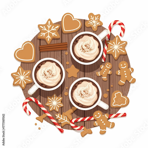 Flat vector christmas hot chocolate and gingerbread cookies arrangement
