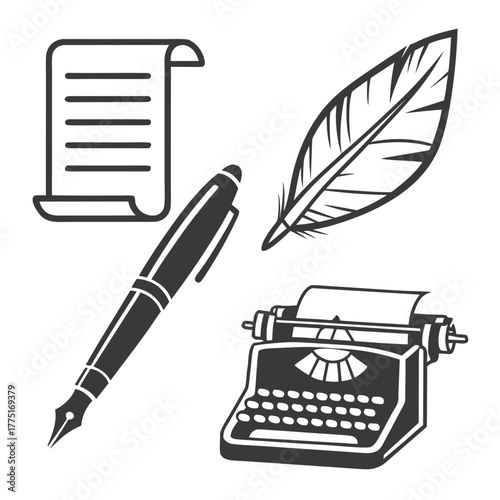 Vintage writing tools, pen, typewriter and feather