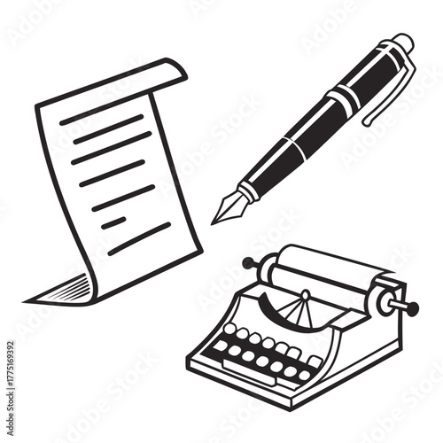 Vintage writing tools, pen, typewriter and paper