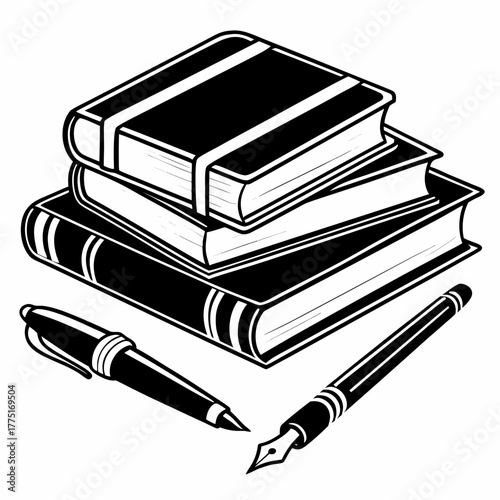 Stack of books with fountain pen and ballpoint pen