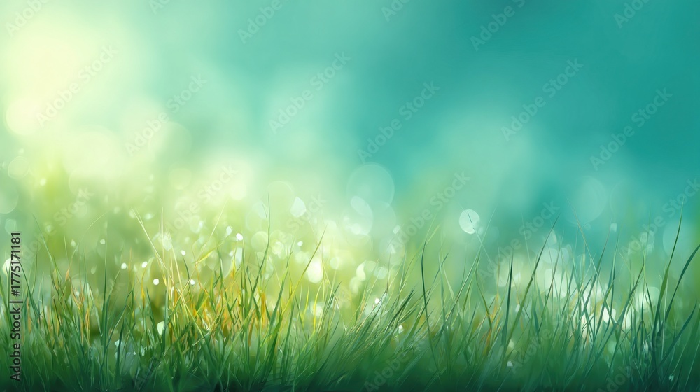 Fototapeta premium A serene patch of green grass with soft light and bokeh effects, creating a tranquil and fresh atmosphere.