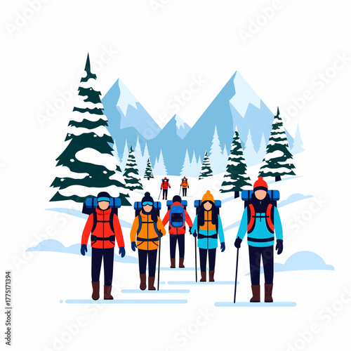 Flat vector hikers trekking snowy mountain adventure landscape illustration