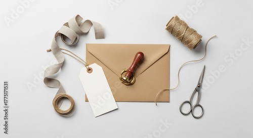 Arrangement of an envelope tag seal scissors ribbon and twine on a white surface