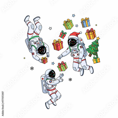 Festive vector astronauts floating with christmas presents and tree design