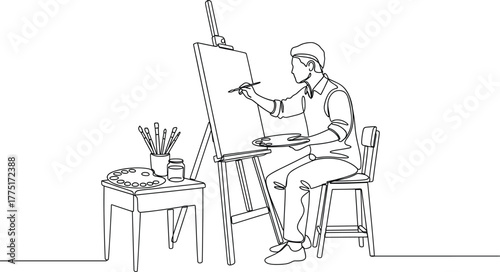 Painter at work illustration—seated artist painting on canvas with palette, easel, brushes, and supplies, black-and-white line art vector