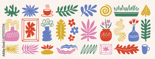 Wallpaper Mural leaf plant floral abstract matisse style shapes set. Hand drawn silhouette branches, blobs, flowers. Contemporary doodle art Torontodigital.ca