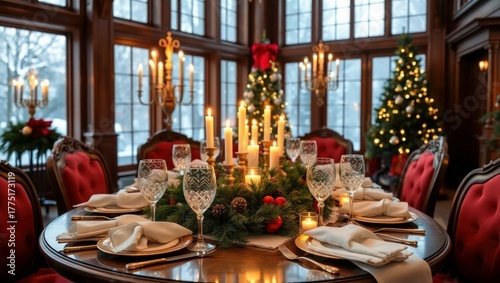 Elegant Christmas dinner table setting, warm candlelight glow