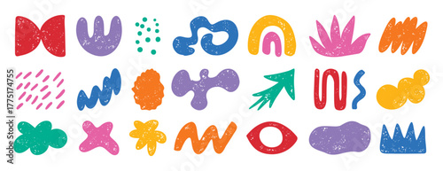 colorful doodle abstract shapes. Naive elements noisy drawing texture. Abstract creative figure, grunge brushes. silhouette trendy quirky graphic