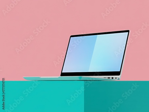 laptop with blank screen on table against pink background
