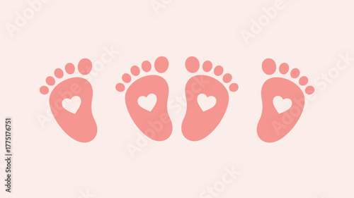 Cute baby footprints with heart shapes inside in soft pink color