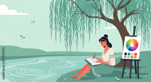 Girl enjoys the peaceful scenery while painting near the river in nature