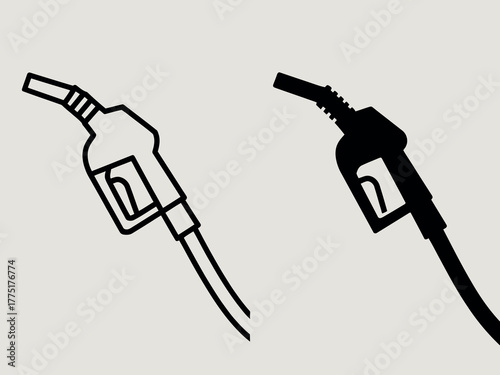 Two stylized illustrations of a gasoline pump nozzle in outline and silhouette