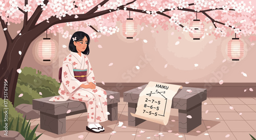 Contemplative woman under blooming cherry tree writing haiku poetry in Japan