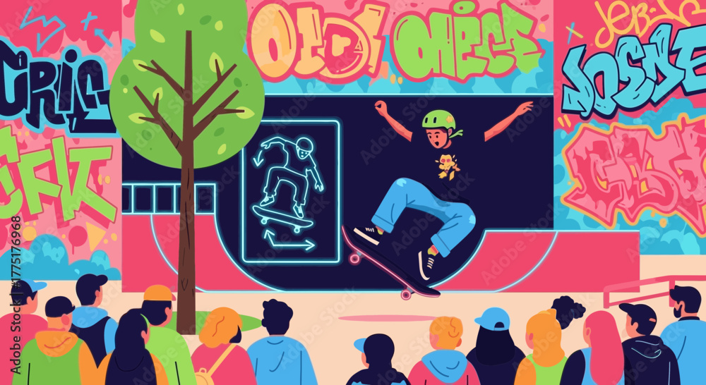 Fototapeta premium Skateboarding action illustration with vibrant graffiti backdrop and crowd watching