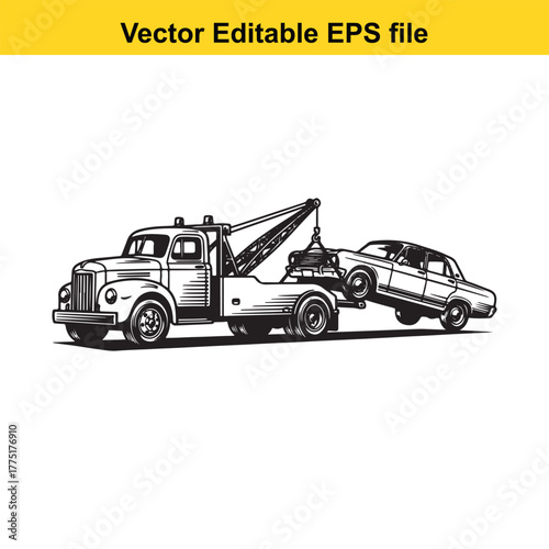 A vintage black and white illustration of a tow truck towing a car